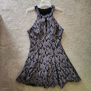 Elegant Black and Silver Lace Halter Dress